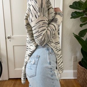 White Sweater with Marled Grey & Black Knit Stripes & Side Cut Detail